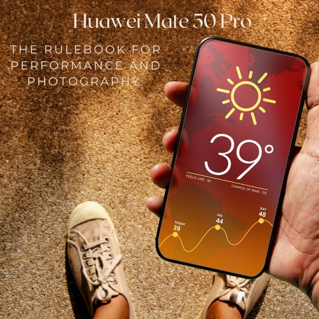 Huawei Mate 50 Pro smartphone with curved OLED display, triple-camera setup, and sleek design.